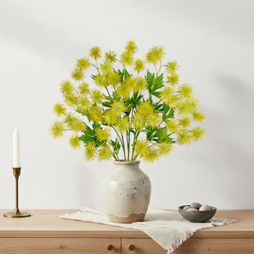 Hollyone 9 Heads Yellow Dandelion Artificial Flowers 5Pcs Faux Dandelions Flowers Bush Arrangement Bouquets Fake Ball Mums Flower Stem for Indoor Home Decor Table Office Party Wedding Decoration - color: Yellow