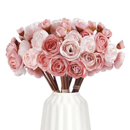 24Pcs Ranunculus Artificial Flowers, Faux Ranunculus Flowers Bulk, Fake Peonies Look Real - 4 Blooms per Stem, Silk Flowers Bouquets for Wedding, Decor - Perfect Match to Tulips & Peonies, Dusty Rose