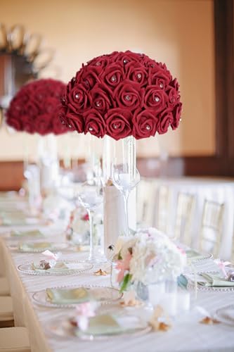 IPOPU 100PCS Burgundy Rose Artificial Flower Heads, 3in Real Looking Stemless Foam Roses Fake Flowers Bulk with Crystal for DIY Craft Wedding Bouquets Arrangements Party Home Decorations(Burgundy) - color: Burgundy With Crystal