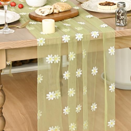 Artoid Mode Fern Green Daisy Gauze Embroidery Table Runner 120 Inch 10FT, Tulle Seasonal Spring Kitchen Dining Holiday Table Decor for Home Party - color: Fern Green
