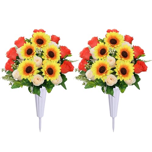 Lodou Artificial Cemetery Flowers for Grave,Set of 2 Artificial Rose Sunflower Bouquet Graveyard Memorial Flowers for Outdoor Grave Decorations ﻿ (Orange Beige) - color: Orange Beige