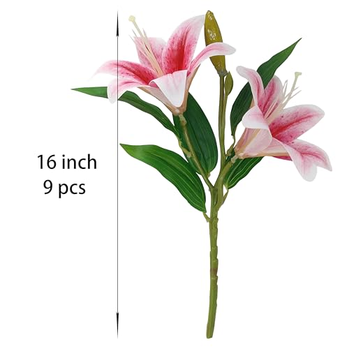 ATFL Artificial Lilies Flowers,9 Pcs Faux Lily Flowers,16''Tiger Lily Branches with 2 Full Blooms and 1 Bud,Faux Fake Lilies Plants for Wedding Bouquet Floral Arrangements (9, deep Pink) - color: Deep Pink