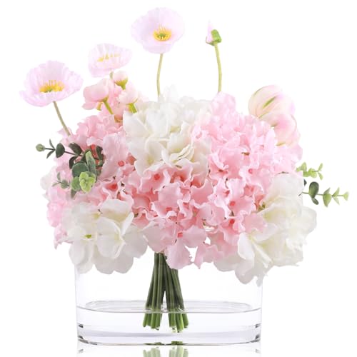 WELL KNOWN Artificial Flowers in Vase, Fake Hydrangea Tulip Flowers Bouquet with Big Glass Vase for Home Office Wedding Party Decor for Dining Table Centerpiece Housewarming Mom's Gift (Pink White) - color: Pink & White Max