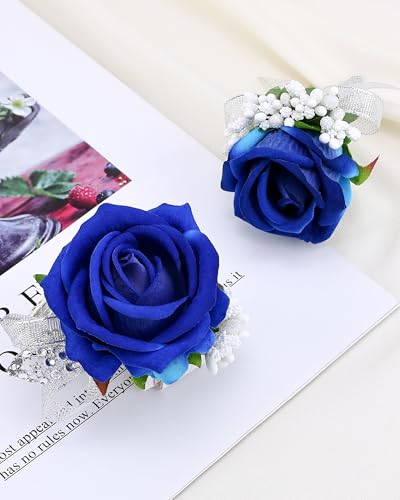 2Pcs Royal Blue Rose Corsage and Men Boutonniere Set Women Wristlet Band Wrist Bracelets, for Prom Wedding Ceremony Flowers Decorations and Homecoming Party Accessories - color: Royal Blue, size: 1 Boutonniere & 1 Wrist Corsage