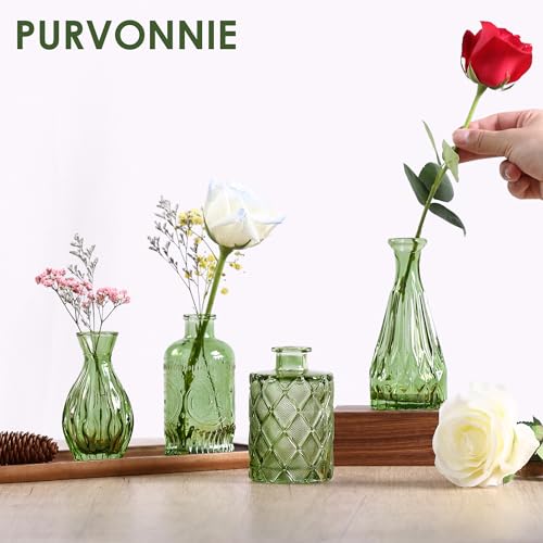 Vintage Small Glass Vases Set of 10,Mini Bud Vases for Flowers,Amber Glass Vases for Centerpieces,Wedding Decorations,Home Table Flower Decor (Hunt Green) - color: Hunt Green