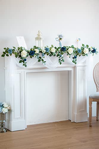 PONATIA 5FT Handcrafted Artificial Rose Flower Garland, Dusty Blue Flowers Greenery Garland for Wedding Ceremony Garlands Backdrop Arch Flowers, Ceremony Reception Table Decorations - color: Dusty Blue & Navy Blue