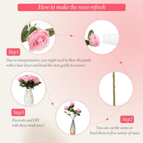 Hotop 20 Pcs Artificial Rose Flowers with Long Stem,Real Lifelike Silk Realistic Plastic Bouquet Roses Bulk for Home Decor Bridal Wedding Party Table Centerpieces Decorations(Pink) - color: Pink
