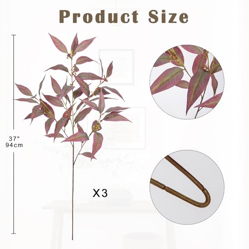 Briful Faux Fall Stems Eucalyptus Stems with Seeds Realistic Artificial Branches for Vase 3PCS Faux Greenery Stems DIY Floral Arrangement for Vase Home Decor Farmhouse Wedding Centrepieces - color: Red
