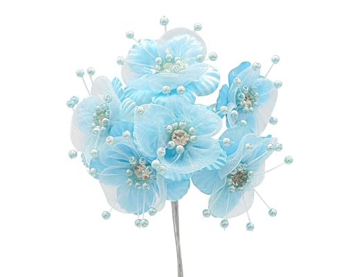 72PC Artificial Organza Flower Rhinestone Pick for Home Craft Decor DIY Wedding Bridal Veil Headband Dress Cake Topper Embellishment Scrapbook Favor Corsage Floral Bouquet Arrangement (Aqua) - color: Aqua