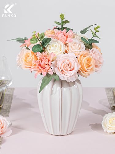 FANKO Artificial Flowers for DIY, Cream Peach Blush Pink Faux Flowers Bouquet, Fake Rose Silk Flowers for Vase, Home Decor, Garland, Wedding, Birthday, Party, Romantic Celebration - color: Pink Yellow Gream