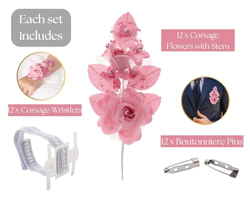 Set of 12 Artificial Silk Organza Craft Rose Flower, 12 Corsage Wristlet, 12 Pin Back DIY Boutonnieres for Wedding, Bridesmaids, Groomsmen, Quinceanera, Prom, Sweet 16 (Mauve) - color: Mauve