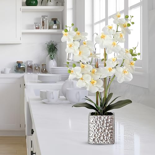 Orchid Artificial Flowers with Sliver Vase Large Silk Faux Phalaenopsis Flowers for Dining Room Table Floral Centerpieces Indoor Decoration,White - color: 1302-white
