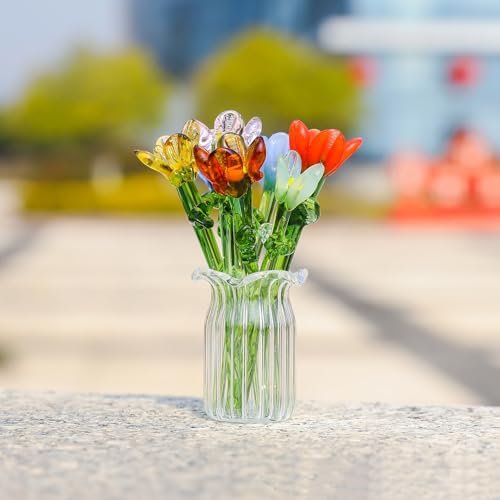 7 Pcs Mini Glass Daisy Flower Hand Blown Glass Artificial Flowers with Clear Vase Crystal Tulip Bouquet Collectible Ornament for Women Mom Wedding Home Table Centerpiece (Green) - color: Green
