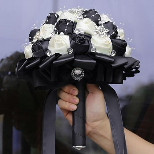 Wedding Bouquets for Bride Handmade Bridesmaid Brooch Bouquet Artificial Rhinestone Satin Rose Flower Tossing Bouquet for Wedding Ceremony Anniversary (Ivory/Black, 5.9''/15cm) - color: Ivory/Black, size: 5.9 inches