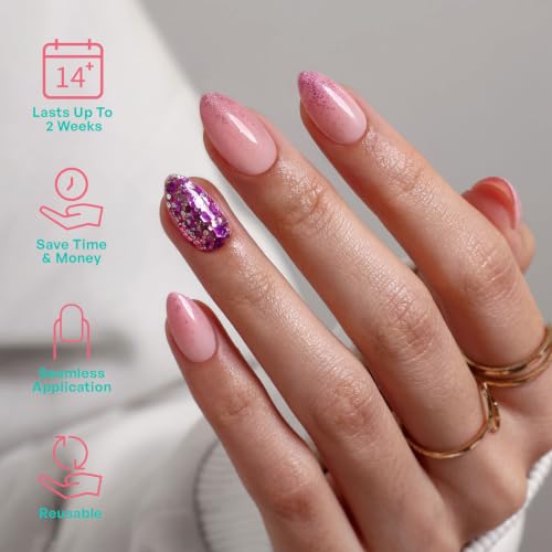 32Pcs Soft Gel Press on Nails for Women, Glitter Pink, Short Almond | Sparkling Chunky Sequins False Fake Nails Press Ons for Party Night Out, Salon Quality Reusable Glue & Stick on Nail Gift Kit - color: 3H-Glitter Pink