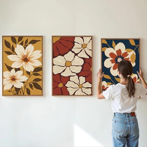 Rantodecor Large Vintage Floral Framed Canvas Wall Art Set, Mid Century Modern Wall Decor, Minimalist Retro Flowers Art Paintings, Beige Neutral Botanical for Bedroom Living Room Office 24"x36"x3 - color: Large Vintage Floral, size: 36"x24"