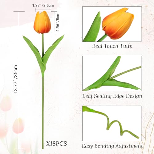 Beferr 18pcs Tulips Artificial Flowers Faux Tulip Real Touch Tulip Fake Flowers Bouquets Arrangements for Mothers Day Spring Easter Wedding Home Table Decor Orange - color: H-18pcs-1colors-dorange, size: 18PCS