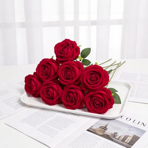 50 Pcs Red Artificial Roses, Real Touch Velvet Fake Flowers with Long Stems Bulk for DIY Bridal Bouquet, Wedding Centerpieces, Valentine's Day, Home Party Decor