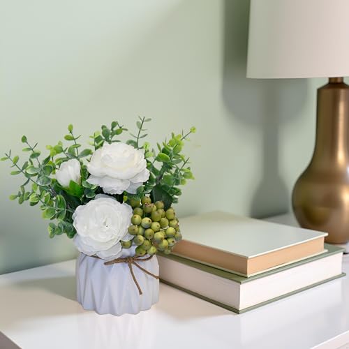 LADADA White Artificial Flowers with White Vase for Table Centerpiece Home Decor - color: White Rose