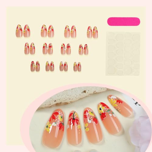 Spring Press on Nails Short Almond Fake Nails Press ons Nail Tips Kit YEFIUO Flower French False Nails Artificial Acrylic Glue on Nails Winter Floral Glossy Stick on Nails for Women Manicure 24Pcs