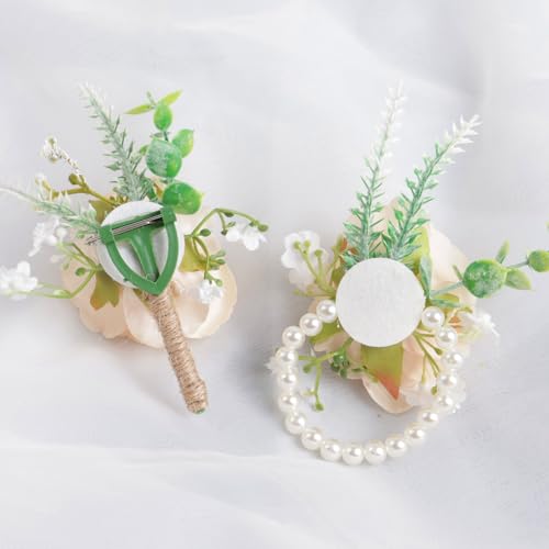Alizeal 2Pcs of Wrist Corsage and Boutonniere Set, Artificial Flowers Accessories Suit Decor for Wedding Prom Party Homecoming Ceremony, Champagne - color: 701-champagne