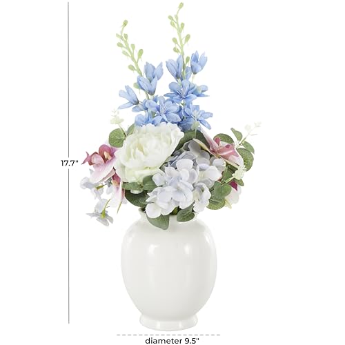 Deco 79 Fabric Artificial Flower with Green Leaves and Round Ceramic Vase, 10" x 10" x 18", White - color: White, size: 10" x 10" x 18"