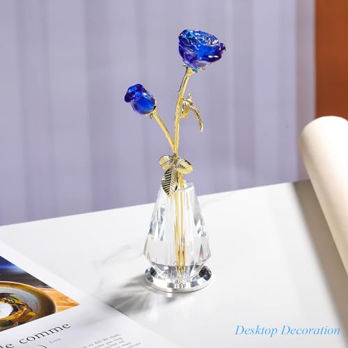 Arikyrist Crystal Rose Flowers Figurines Home Decor, Blue Glass Flowers with Stems, Collectible Figurines Crystal Rose Flower Gifts for Women on Mother's Day Valentine - color: Blue