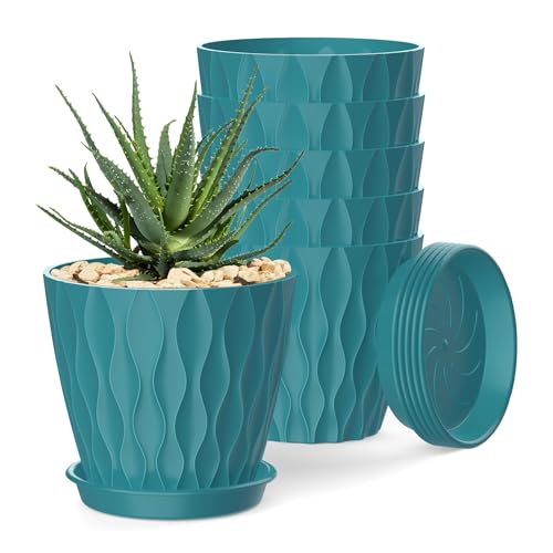 4 Inch Plant Pots, 6 Pack Indoor Flower Pots, Planters with Drainage Holes and Trays for Orchids, Violets, Succulents, Herbs, and Other Plants,Blue-Green - color: Blue-green, size: 4inch