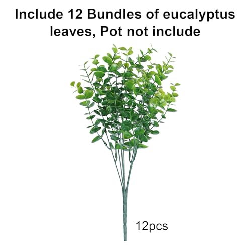 HyeFlora Artificial Plants for Outdoors Outside Spring Summer Decoration, 12 Bundles Faux Eucalyptus Leaves Stems Bulk Fake Greenery Branches Look Real UV Resistant for Home Porch Patio Planter Yard - color: Green Eucalyptus