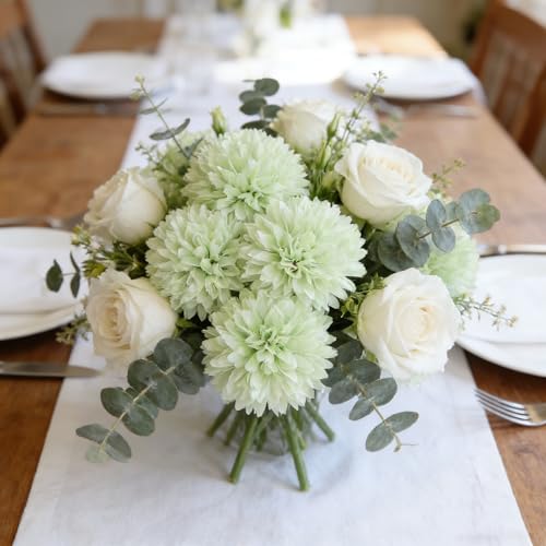 Kimura's Cabin 20Pcs Fake Chrysanthemums Artificial Flowers Silk Faux mums Flower with Stem Ball Flowers for Wedding Bouquets Party Arrangement Spring Home Table Centerpieces Decoration (Light Green) - color: Light Green Colour