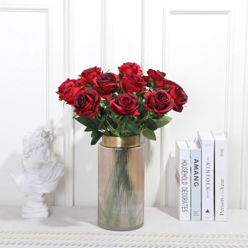 Burgundy Fake Roses Artificial Flowers - 16 Pcs Fake Artificial Roses Silk Flowers with Stems for Home Wedding Hotel Office Centerpiece Decor（Burgundy） - color: Burgundy, size: 16 Pcs