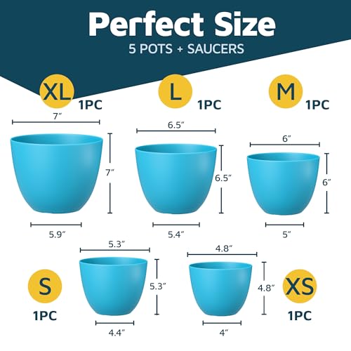 Blue Plant Pots with Drainage Holes & Saucers 5 Pack, Indoor & Outdoor Stackable Space-Saving Planters for Houseplants & Flowers, (7", 6.7", 6", 5.3", and 4.8" Inches), Durable & Weatherproof - color: Blue, size: Pack of 5