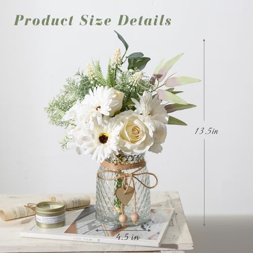Artificial White Flowers with Vase, Fake Flowers Arrangement for Home Decor, Faux Flowers for Farmhouse Coffee Table Decor, House Kitchen Centerpiece Table Decorations - color: Milky White