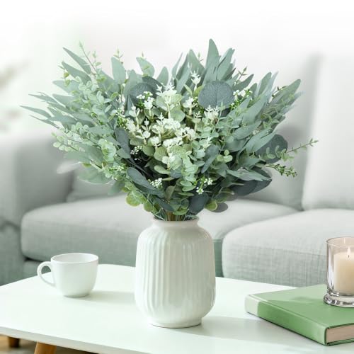 100 Pcs Mixed Artificial Eucalyptus Stems Leaves Bulk, 4 Kinds Faux Greenery Silver Dollar Leaves for Wedding Vase Bouquet Floral Arrangements