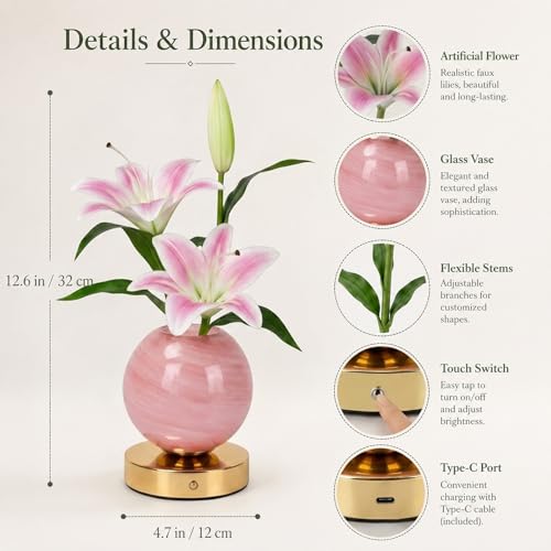 Lily Table Lamp, 3 Color Planet Night Light, Rechargeable Cordless Touch Dimming Artificial Flower Light, LED Flower Bedside Lamp Romantic Gifts for Girl Women Mom (Pink Lily) - color: Pink Lily