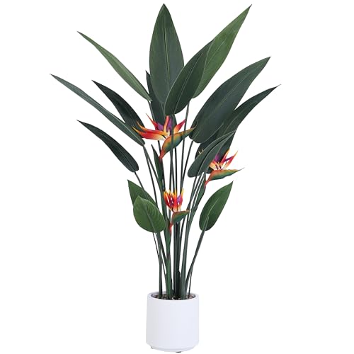 Jocoevol Artificial Bird of Paradise Plant 48in(4Ft) Tall Fake Banana Leaf Plant for Indoors and Outdoors, Artificial Flowers, Faux Palm Tree with Plastic Pot for Office and Home Decor - size: 4FT