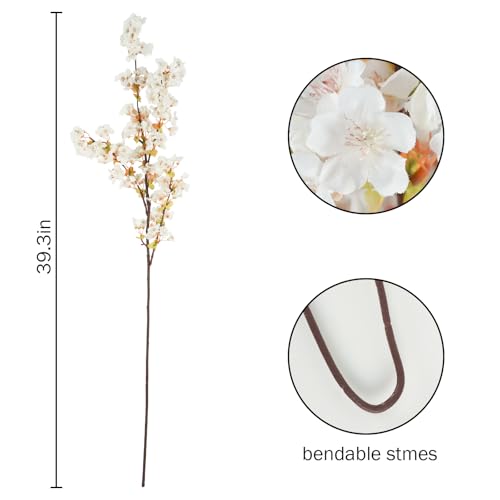 12 Pcs Artificial Cherry Blossom Flowers 40" Faux Silk Cherry Blossom Stems Fake Real Touch Peach Branches for Wedding Home Garden Japanese Decor Ivory White - color: Ivory White