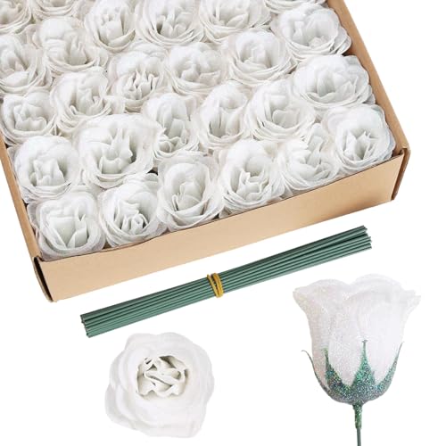 Glitter Flowers,30PCS White Roses Artificial Roses with Stems for Wedding Bouquet Party Christmas Home Decor(White) - color: White