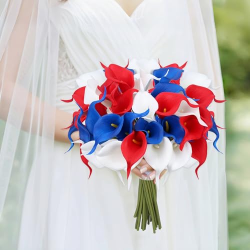 24 Pcs Patriotic Calla Lily Flower 4th of July Artificial Flowers Fake Blue White Red Silk Flowers Real Touch for Independence Memorial Day - color: Red-blue-white