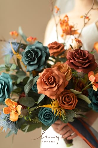 Ling's moment Teal Bridal Bouquet, Burnt Orange Wedding Bouquets for Bride, 15 Inch Silk Free Form Bridal Bouquets Artificial Wedding Flower Bouquet - color: Or-dark Teal & Burnt Orange, size: Medium 15 Inch