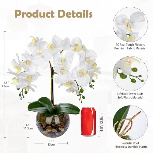 White Orchids Artificial Flowers 16.5" Faux Orchids Plant in Pot Fake Flower Arrangements with Glass Vases White Centerpieces for Kitchen Dining Room Tables Bathroom Nightstand Shelf Desk Decor - color: White Orchid & Brown Stones