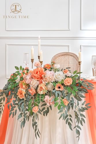 TINGE TIME Artificial Sweetheart Flower Swag with Table Cloth and Table Runner, Pack of 3 Floral Arrangement for Wedding Sweetheart Table Centerpiece Decoration (CoralPink&Champagne) - color: Coral Pink & Champagne