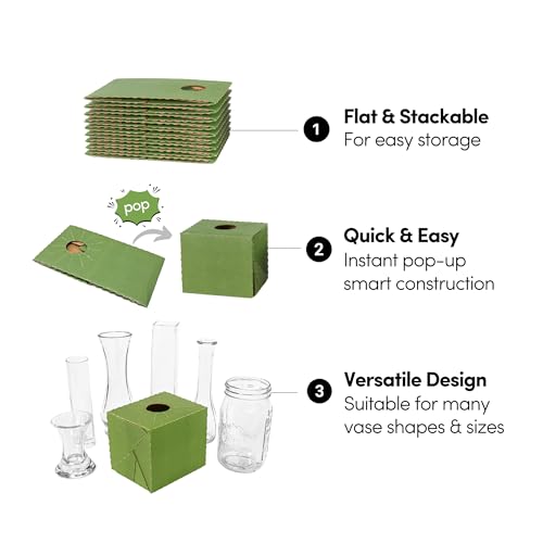 Holiday Designs - Pop-Up Flower Delivery Box, Heavy Duty Corrugated Cardboard Vase Boxes for Secure Floral Arrangements During Transport, 5.5 x 4.5 x 4.5 (Green, Small: 10 Pack) - color: Green, size: Small: 10 Pack