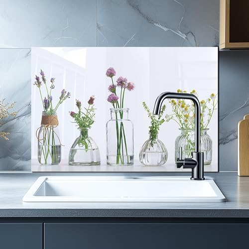DAIFURONGE Tempered Glass Backsplash for Kitchen,Flowers and Vase,30"x20" | Behind Stove Back Splash Panel Protector, Easy to Clean, Kitchen Wall Decor,One Piece Oven and Range Backsplash - size: 30"L x 20"W