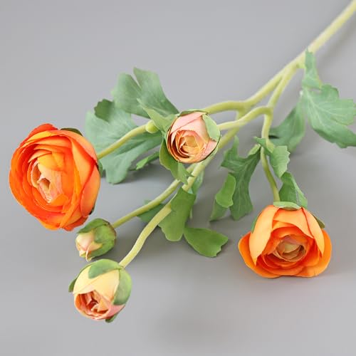 5PCS Artificial Ranunculus Flowers with Silk Flower Real Touch Stem Spray for Home Garden Office Decoration Wedding DIY Arrangements (Orange) - color: Orange
