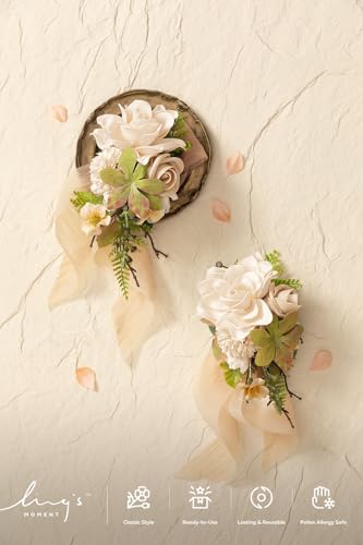 Ling's moment 2pcs Prom Wrist/Shoulder Corsage Artificial Flower, Girl/Mother Homecoming/Wedding Corsage Wristlet Décor, etc. Sand Beige - color: Pk-sand Beige