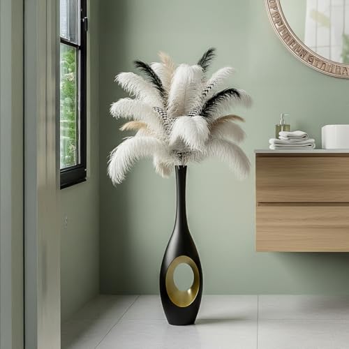 23.6 in Black Floor Vase – Modern Oval Tall Floor Vase with Gold Cutouts & Slim Neck, Decorative Vases for Luxury Home, Office, Wedding Decor – Resin Tall Vases