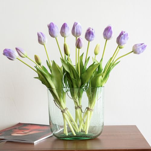 DUYONE 15pcs Artificial Tulips Flowers, Soft Touch Latex Bouquet, Fake Tulips for Office Wedding Party Home Kitchen Garden Decoration - color: 15pcs Lavender (No Vase)