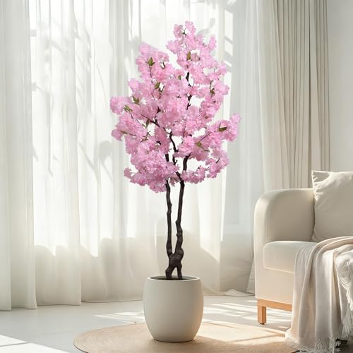 Faux Pink Cherry Blossom Tree 6ft(72in) Tall Artificial Japanese Sakura in Pot Realistic Cherry Plant Decor Handmade Natural Fake Pink Flower Tree for Wedding,Living Room,Spring Decor - color: Cherry Blossom(pink 9), size: 6ft