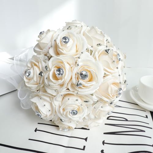 Faylapa Wedding Bouquets for Bride Bridesmaid Hand Bouquet Diamond Artificial Flowers for Wedding Marriage Proposal Party Valentine's Day Church Home Decoration (Champagne) - color: Champagne, size: 7.87 inch diamond bouquet